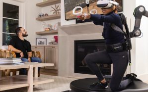 Feature image of Virtuix Omni system showing a girl playing a VR game