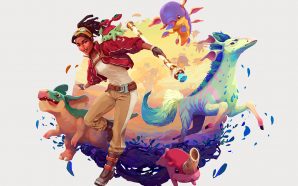 Creatures of AVA keyart showing a digital illustration of the protagonist surrounded by creatures in a circular design
